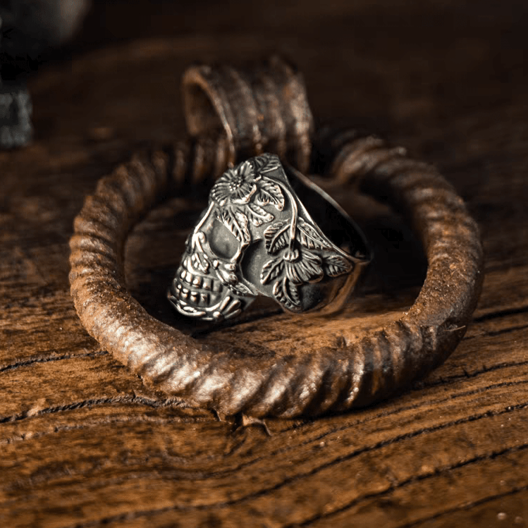 Day of the Dead Floral Skull Gothic Titanium Steel Ring - Night Works
