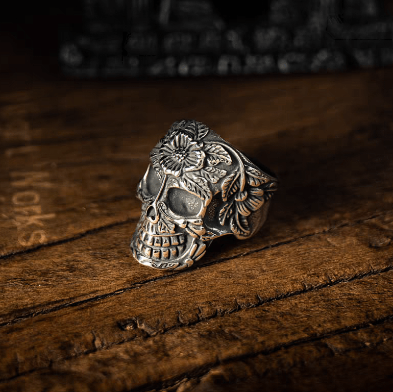 Day of the Dead Floral Skull Gothic Titanium Steel Ring - Night Works