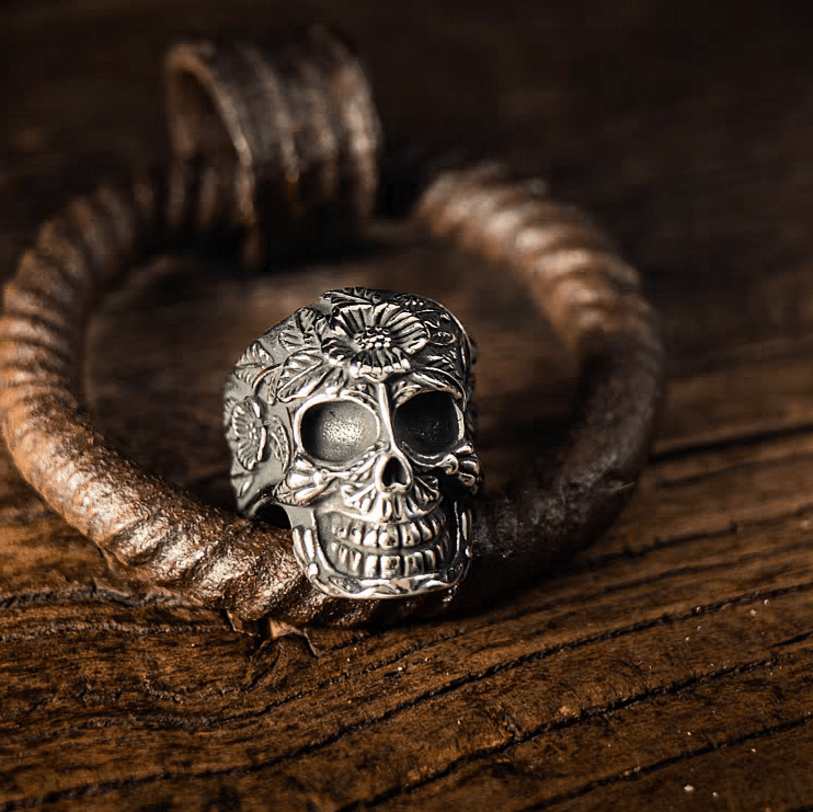 Day of the Dead Floral Skull Gothic Titanium Steel Ring - Night Works