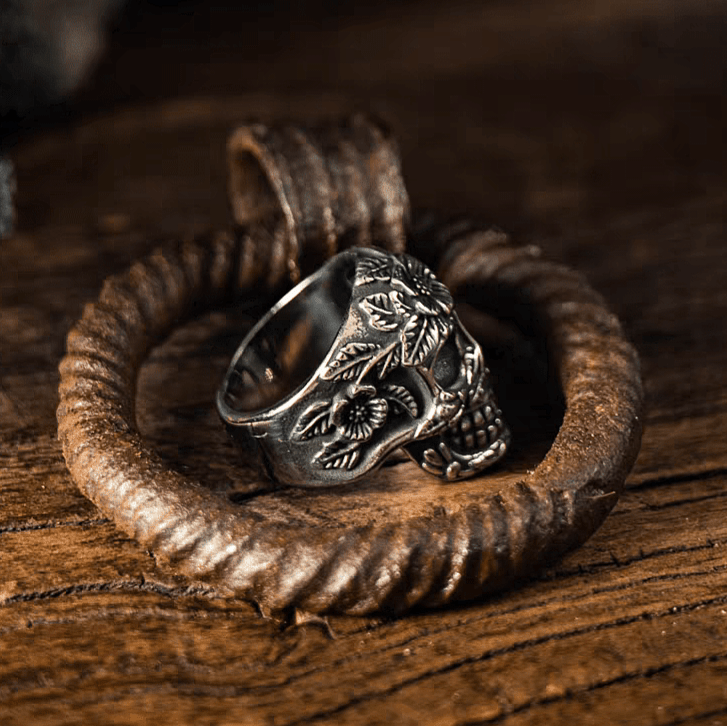 Day of the Dead Floral Skull Gothic Titanium Steel Ring - Night Works