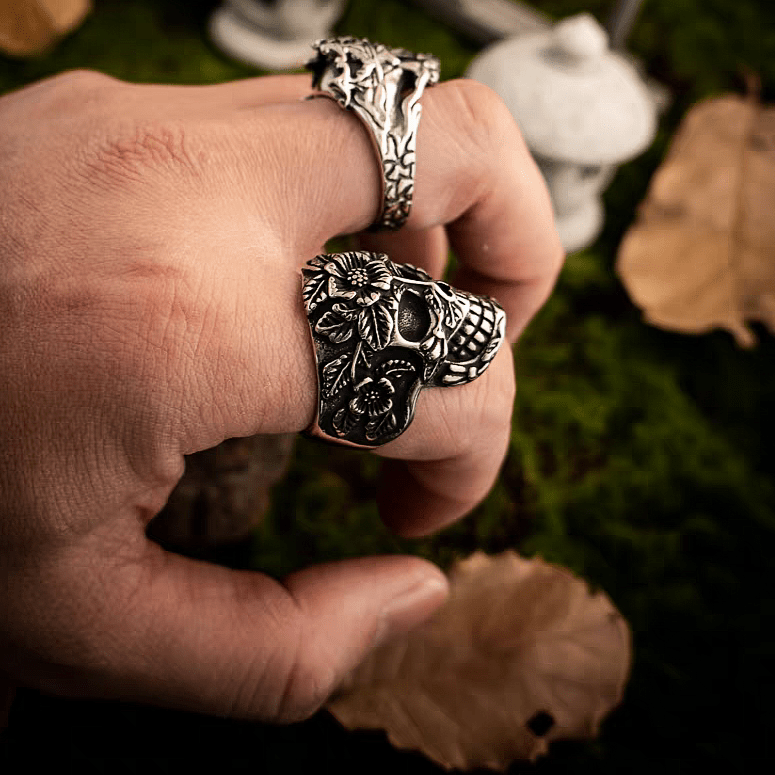 Day of the Dead Floral Skull Gothic Titanium Steel Ring - Night Works