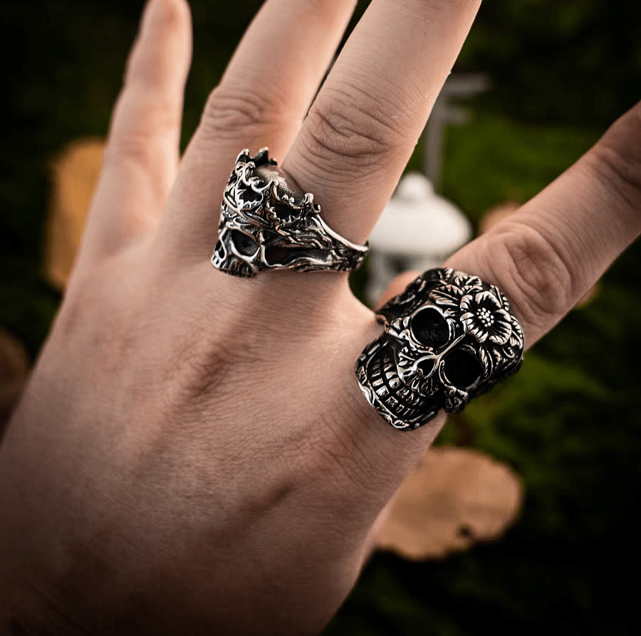 Day of the Dead Floral Skull Gothic Titanium Steel Ring - Night Works