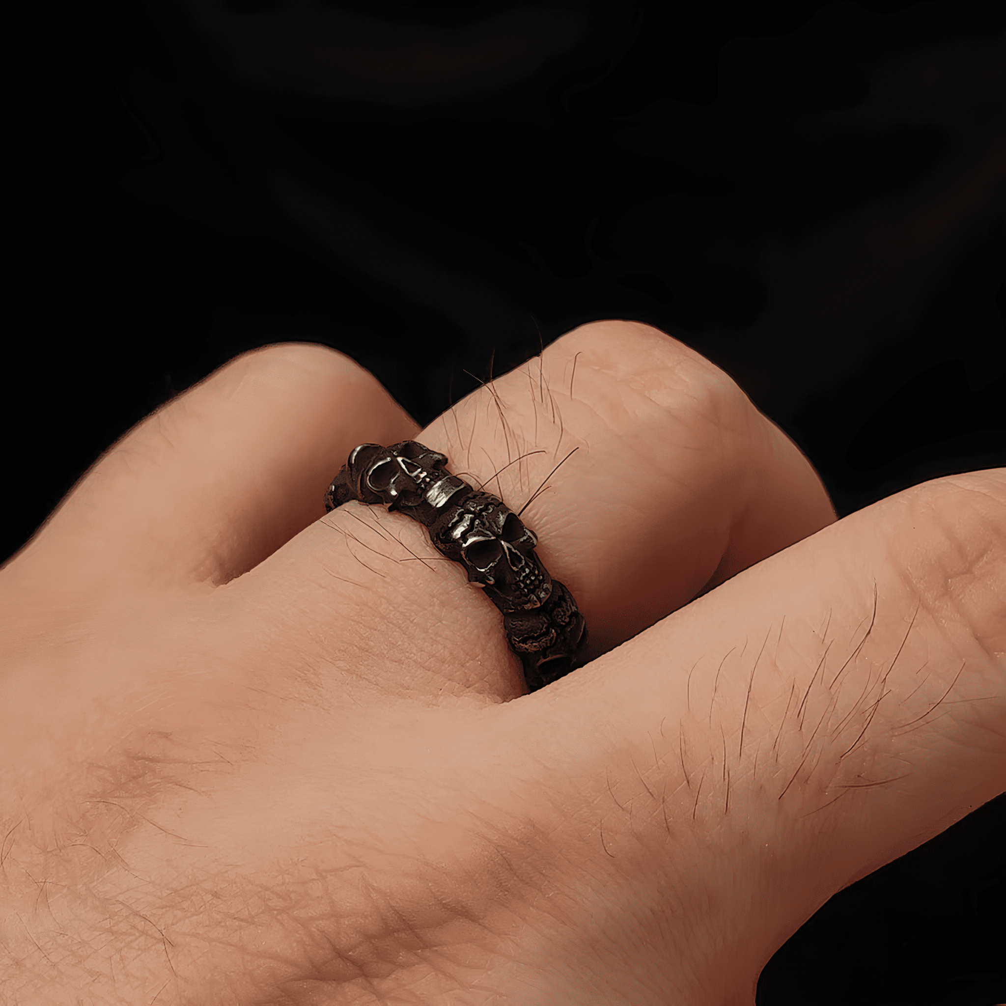 Deathmatch Half Skull Gothic Titanium Steel Ring - Night Works