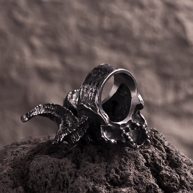Demon Horned Skull Ring – Gothic Oversized Titanium Steel - Night Works