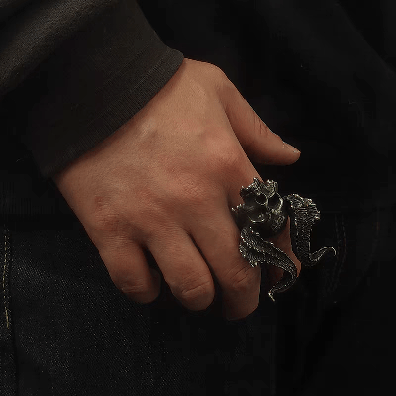Demon Horned Skull Ring – Gothic Oversized Titanium Steel - Night Works