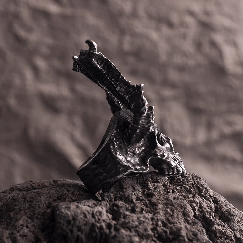 Demon Horned Skull Ring – Gothic Oversized Titanium Steel - Night Works