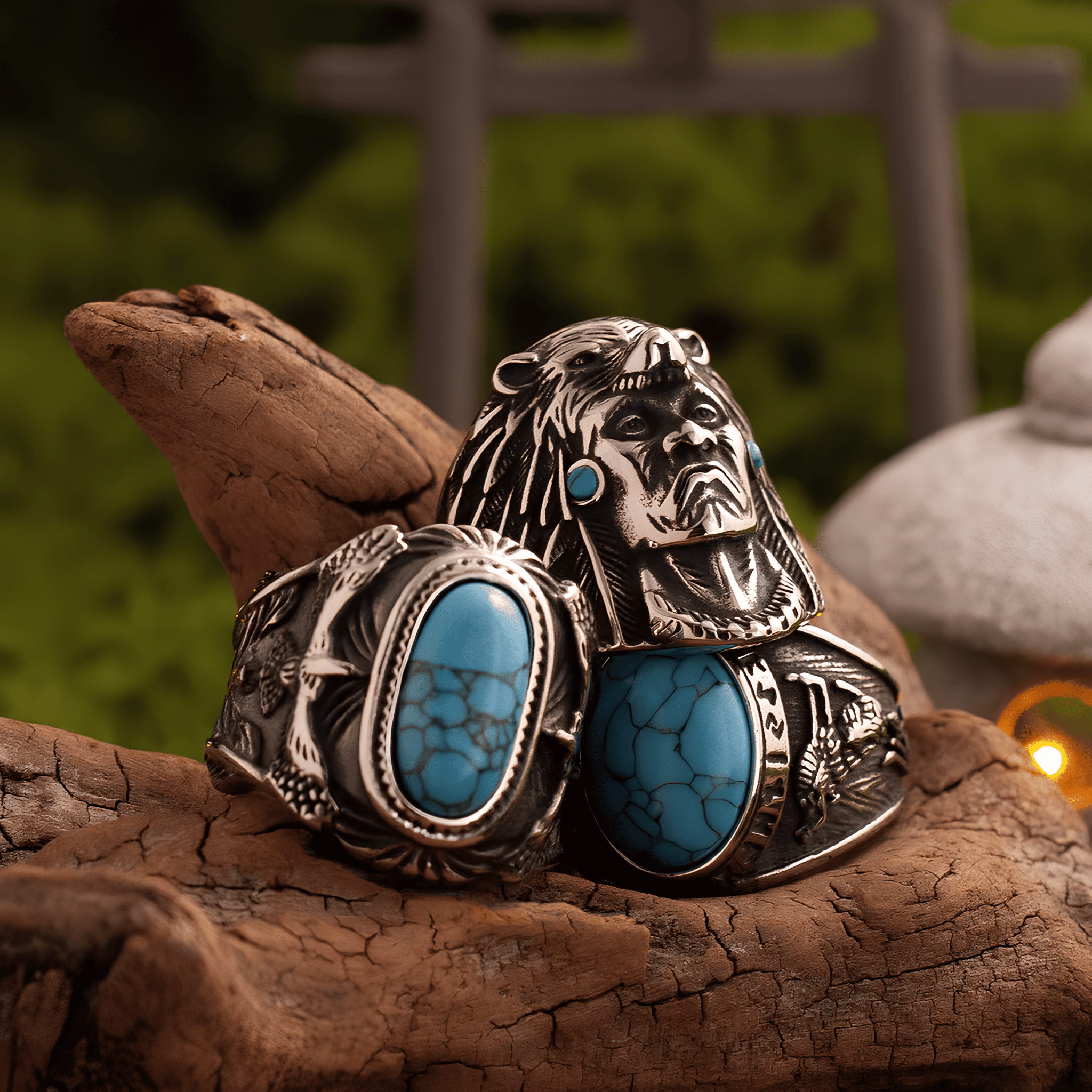 Eagle’s Eye Turquoise Ring – Vintage Tribal Titanium Steel - Night Works
