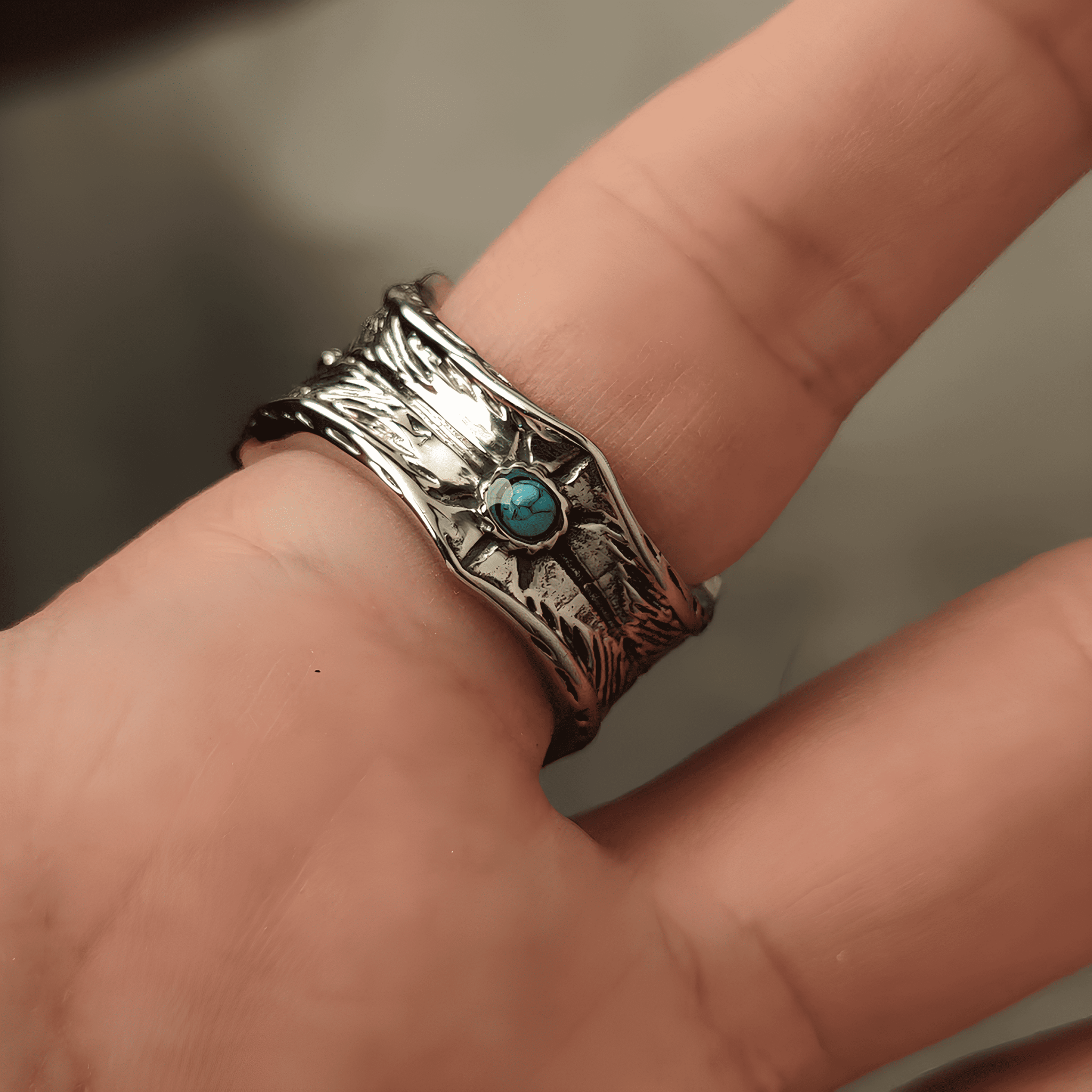 Eagle’s Eye Turquoise Ring – Vintage Tribal Titanium Steel - Night Works