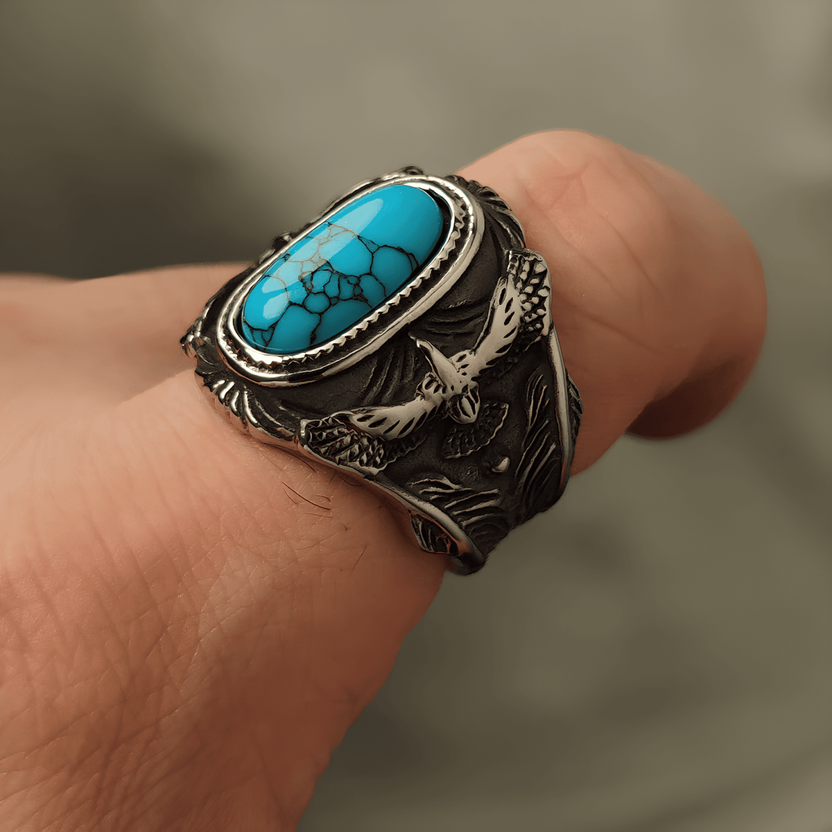 Eagle’s Eye Turquoise Ring – Vintage Tribal Titanium Steel - Night Works