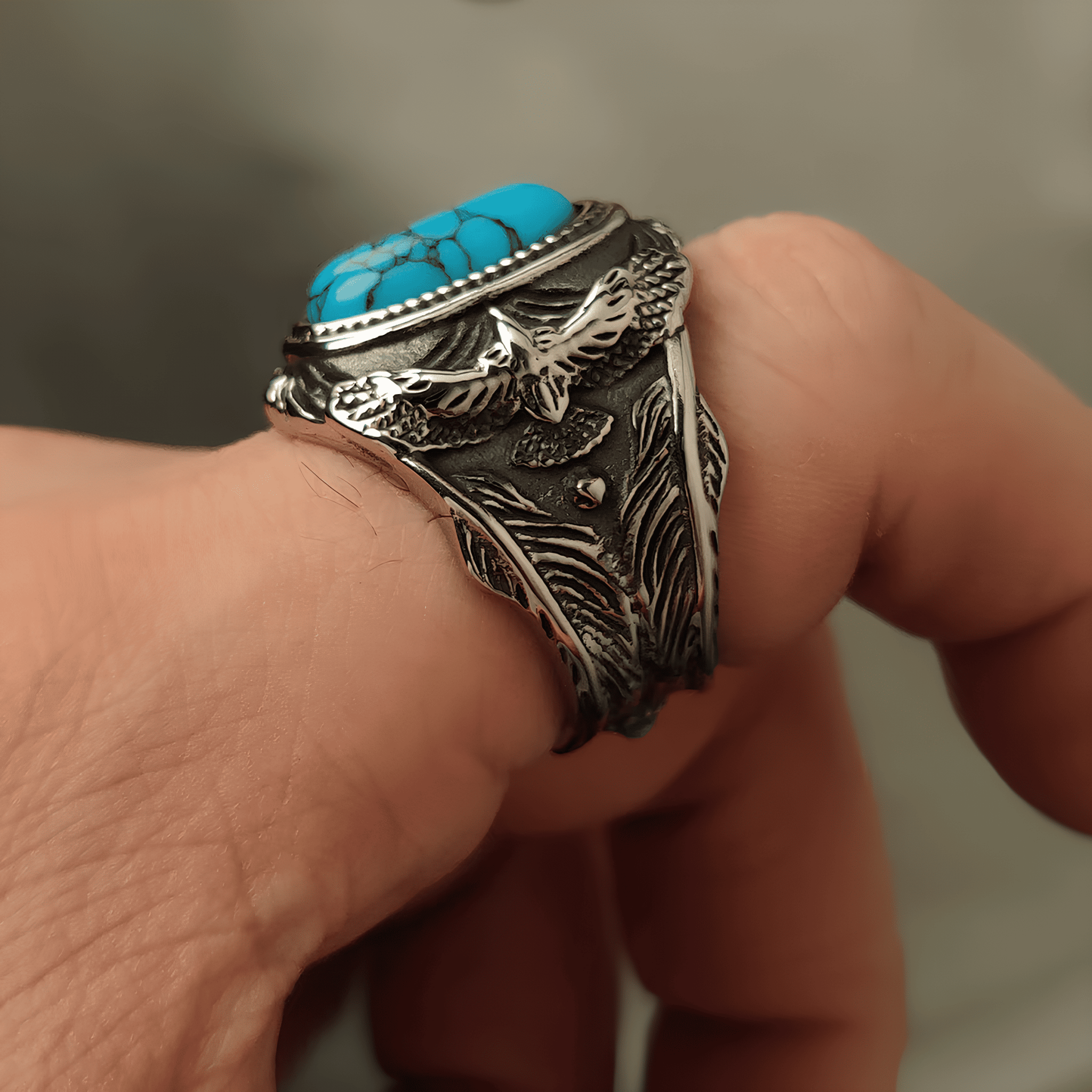 Eagle’s Eye Turquoise Ring – Vintage Tribal Titanium Steel - Night Works