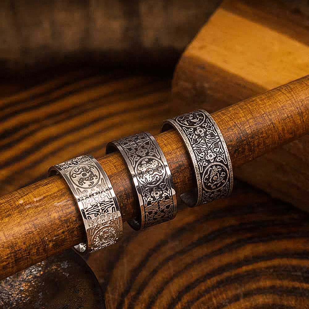 Four Guardian Beasts Ring – Vintage Wide Titanium Steel Band - Night Works
