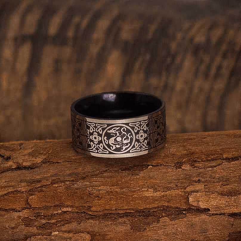Four Guardian Beasts Ring – Vintage Wide Titanium Steel Band - Night Works