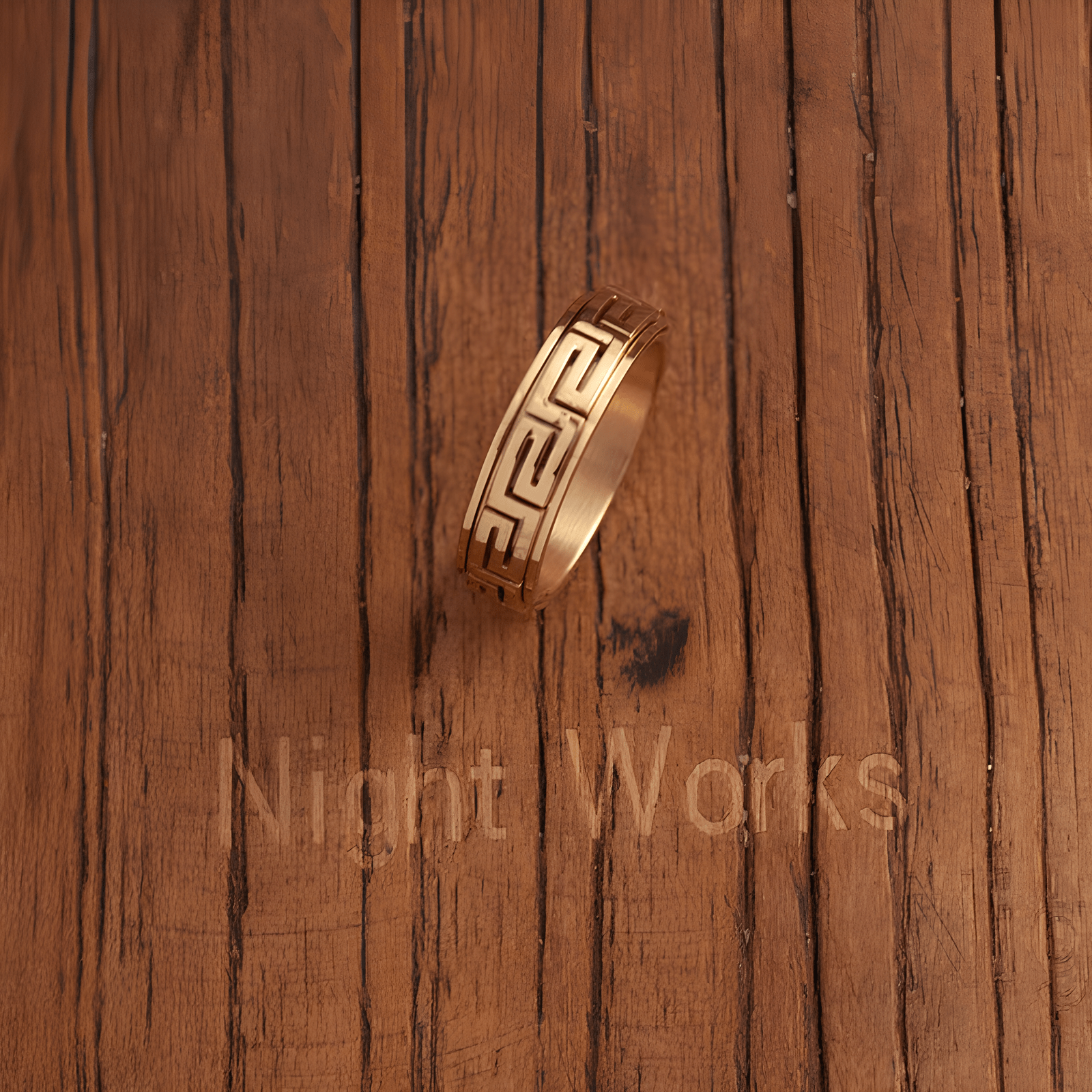 Greek Key Spinner Ring – Titanium Steel Rotatable Vintage Gold Band - Night Works