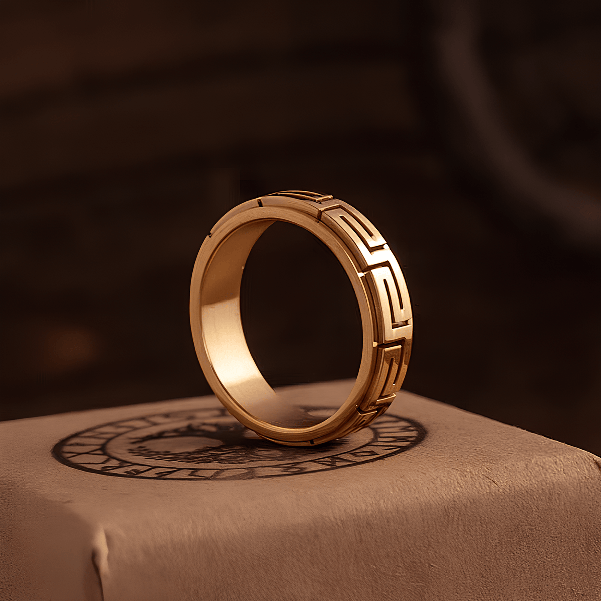 Greek Key Spinner Ring – Titanium Steel Rotatable Vintage Gold Band - Night Works