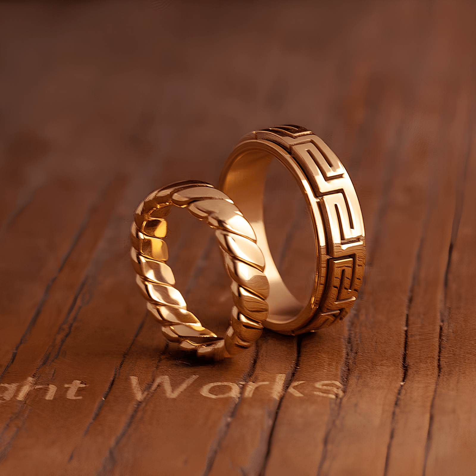 Greek Key Spinner Ring – Titanium Steel Rotatable Vintage Gold Band - Night Works