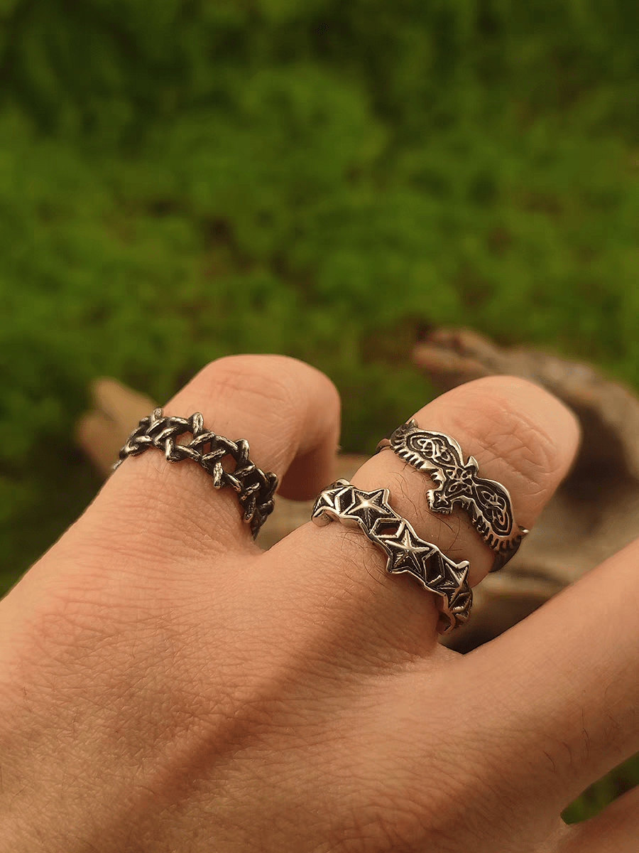 Hexagram Star Ring – Dark Vintage Titanium Steel Openwork Band - Night Works