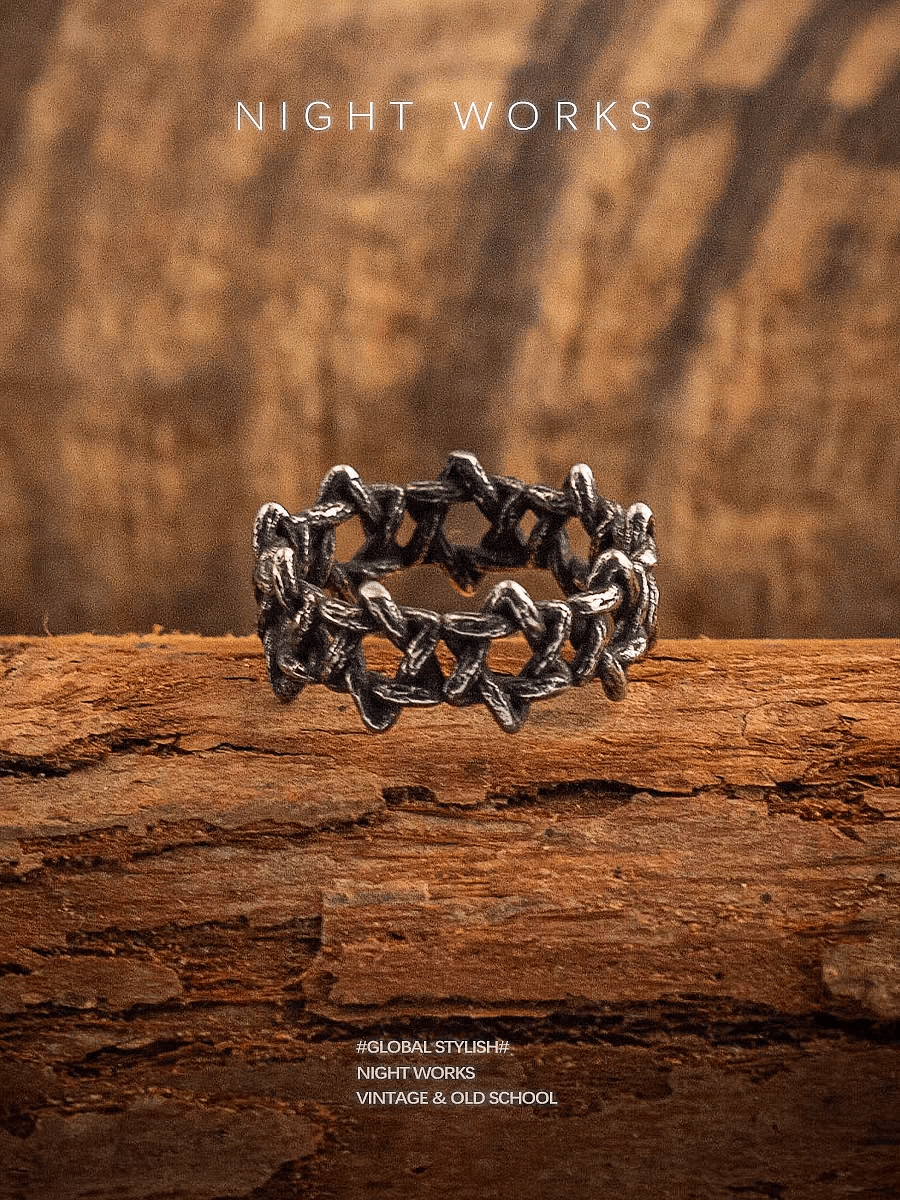 Hexagram Star Ring – Dark Vintage Titanium Steel Openwork Band - Night Works