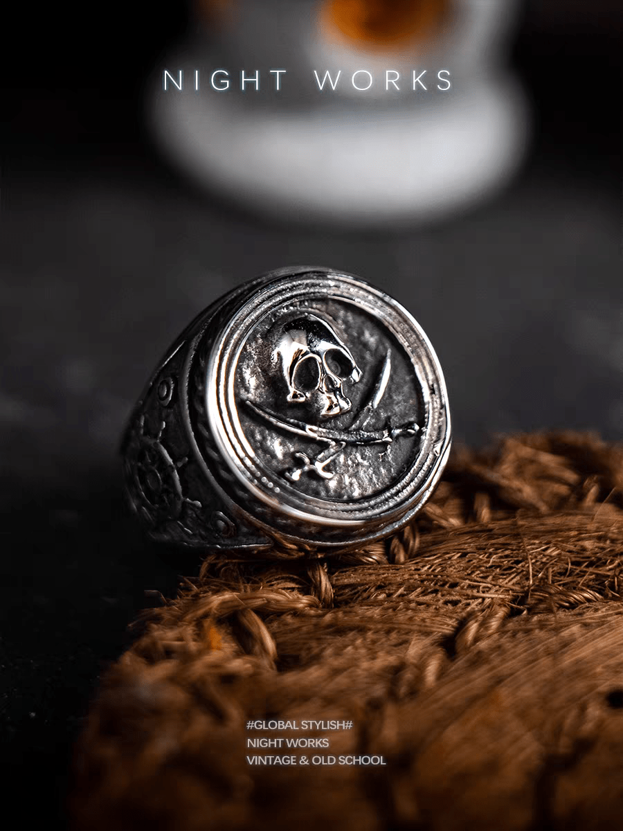 Jolly Roger Skull Ring – Pirate Flag Stainless Steel Ring - Night Works