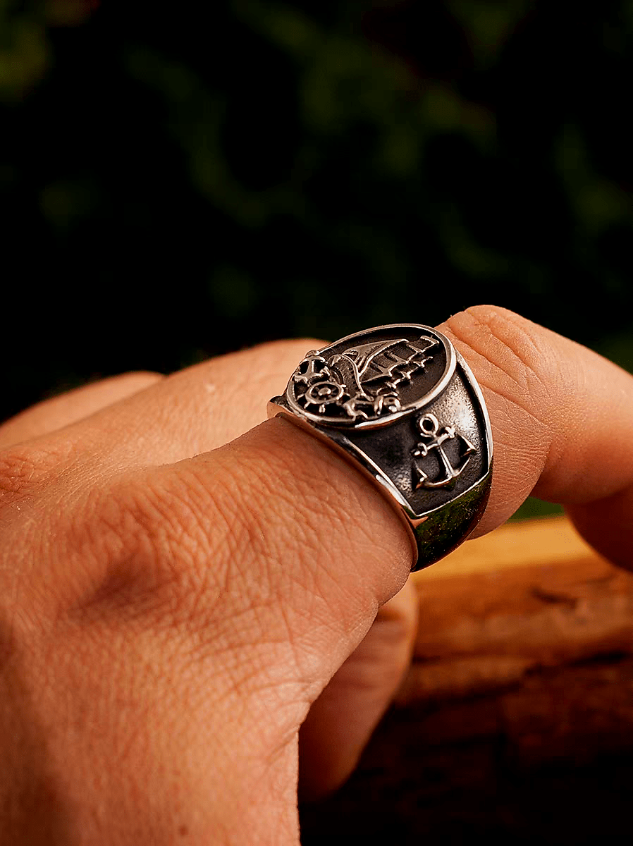Langskip Viking Ship Ring – Nordic Pirate Wide Stainless Steel Signet Ring for Men - Night Works