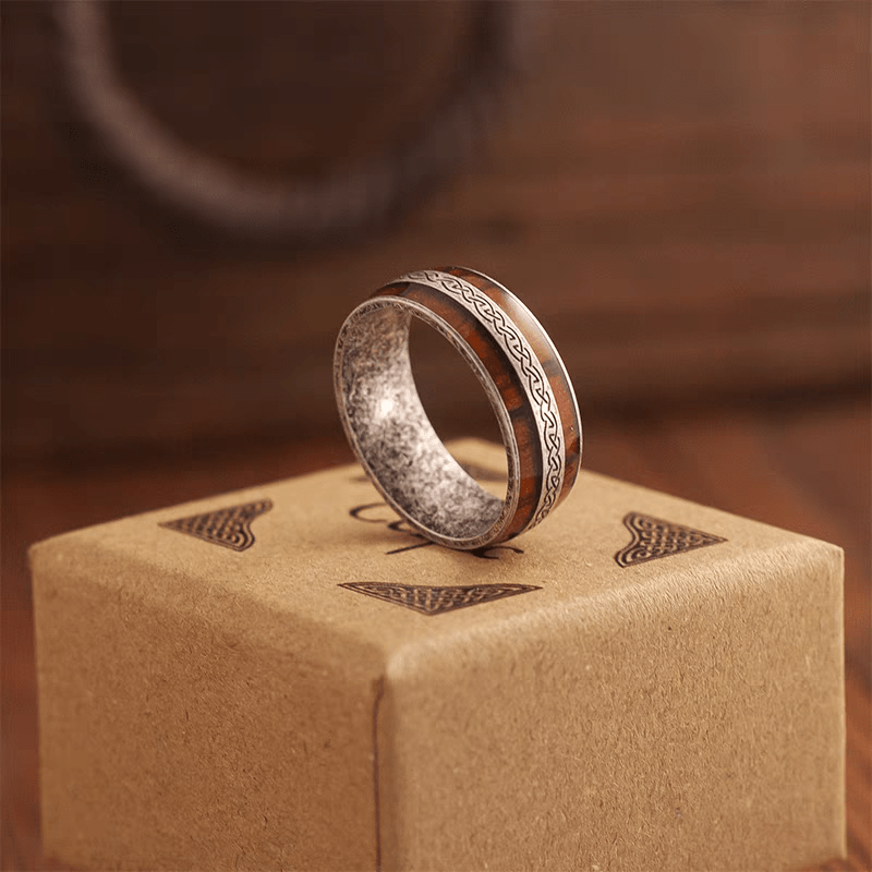 Mont Saint - Michel Ring – Celtic Wood Inlay Stainless Steel Ring - Night Works