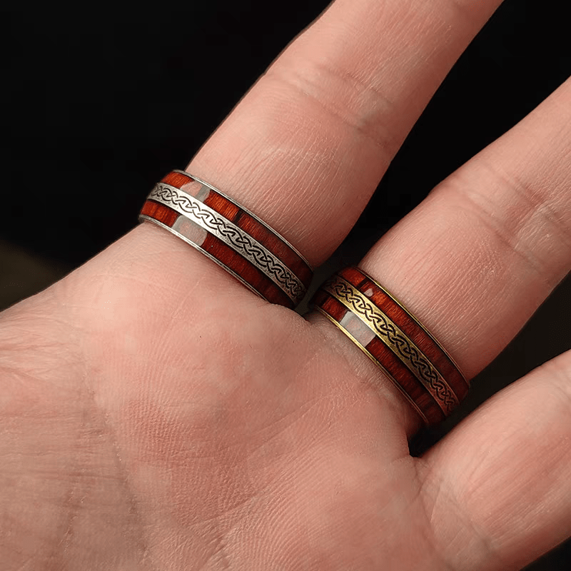Mont Saint - Michel Ring – Celtic Wood Inlay Stainless Steel Ring - Night Works