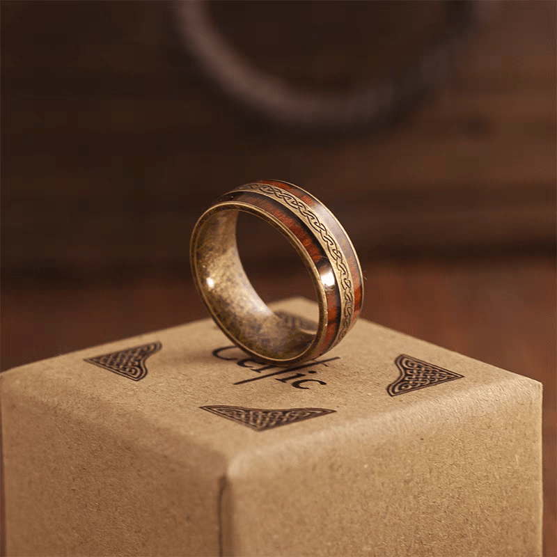 Mont Saint - Michel Ring – Celtic Wood Inlay Stainless Steel Ring - Night Works
