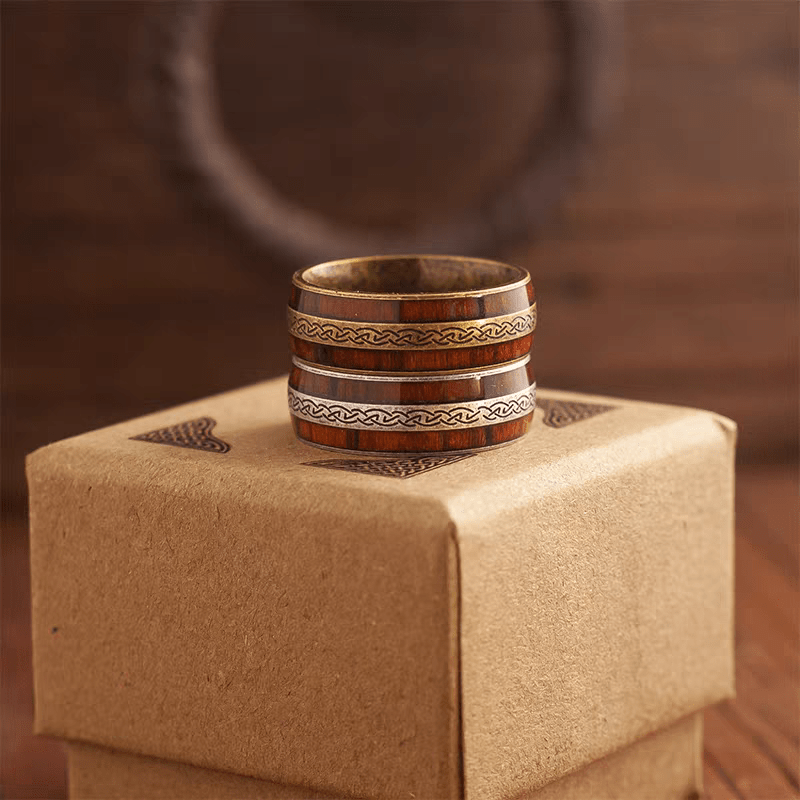 Mont Saint - Michel Ring – Celtic Wood Inlay Stainless Steel Ring - Night Works