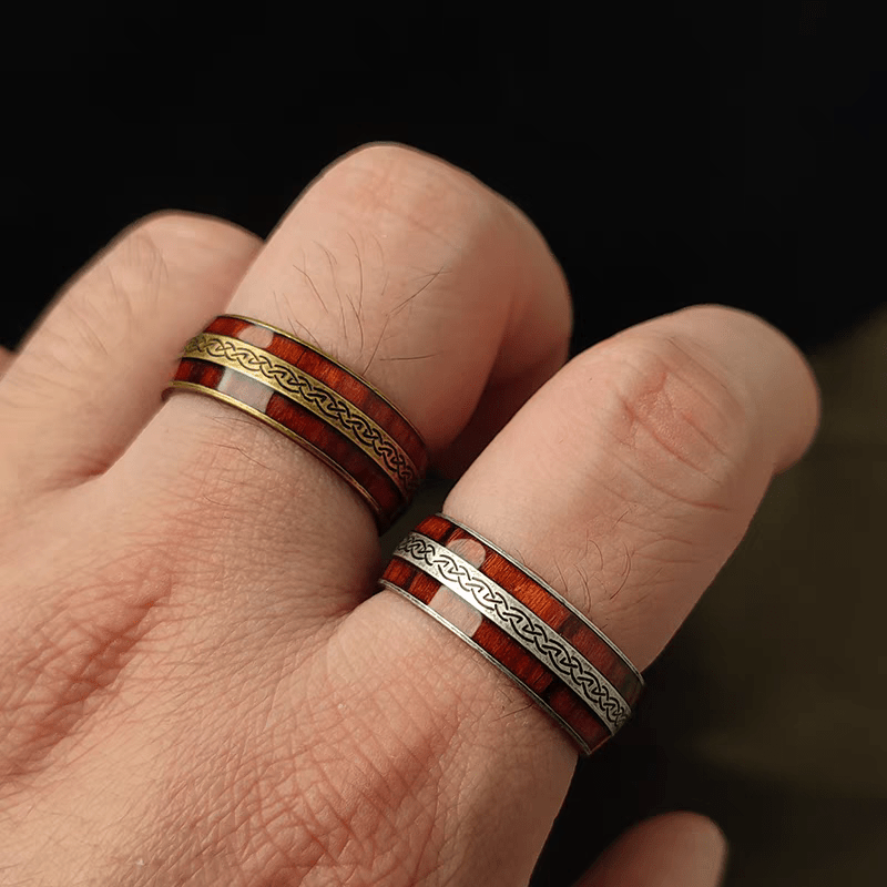 Mont Saint - Michel Ring – Celtic Wood Inlay Stainless Steel Ring - Night Works