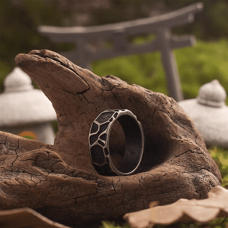 Mystic Black Rock Rune Ring – 8mm Viking Titanium Band - Night Works