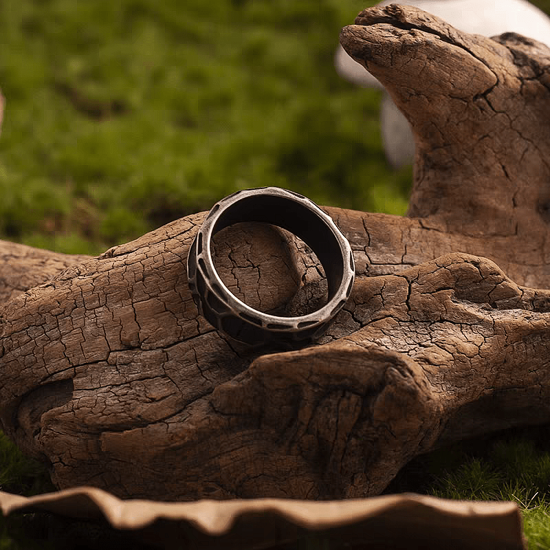 Mystic Black Rock Rune Ring – 8mm Viking Titanium Band - Night Works