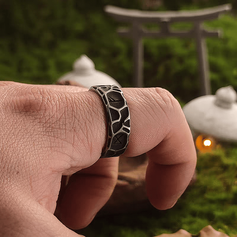 Mystic Black Rock Rune Ring – 8mm Viking Titanium Band - Night Works