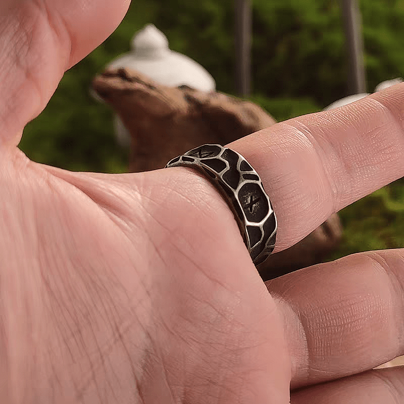 Mystic Black Rock Rune Ring – 8mm Viking Titanium Band - Night Works