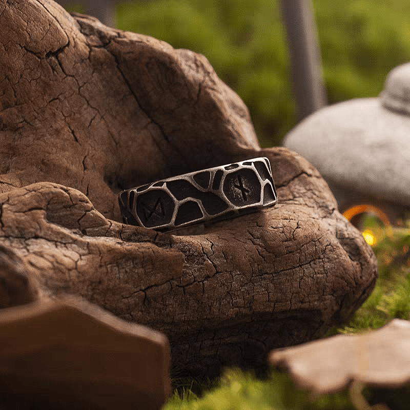 Mystic Black Rock Rune Ring – 8mm Viking Titanium Band - Night Works