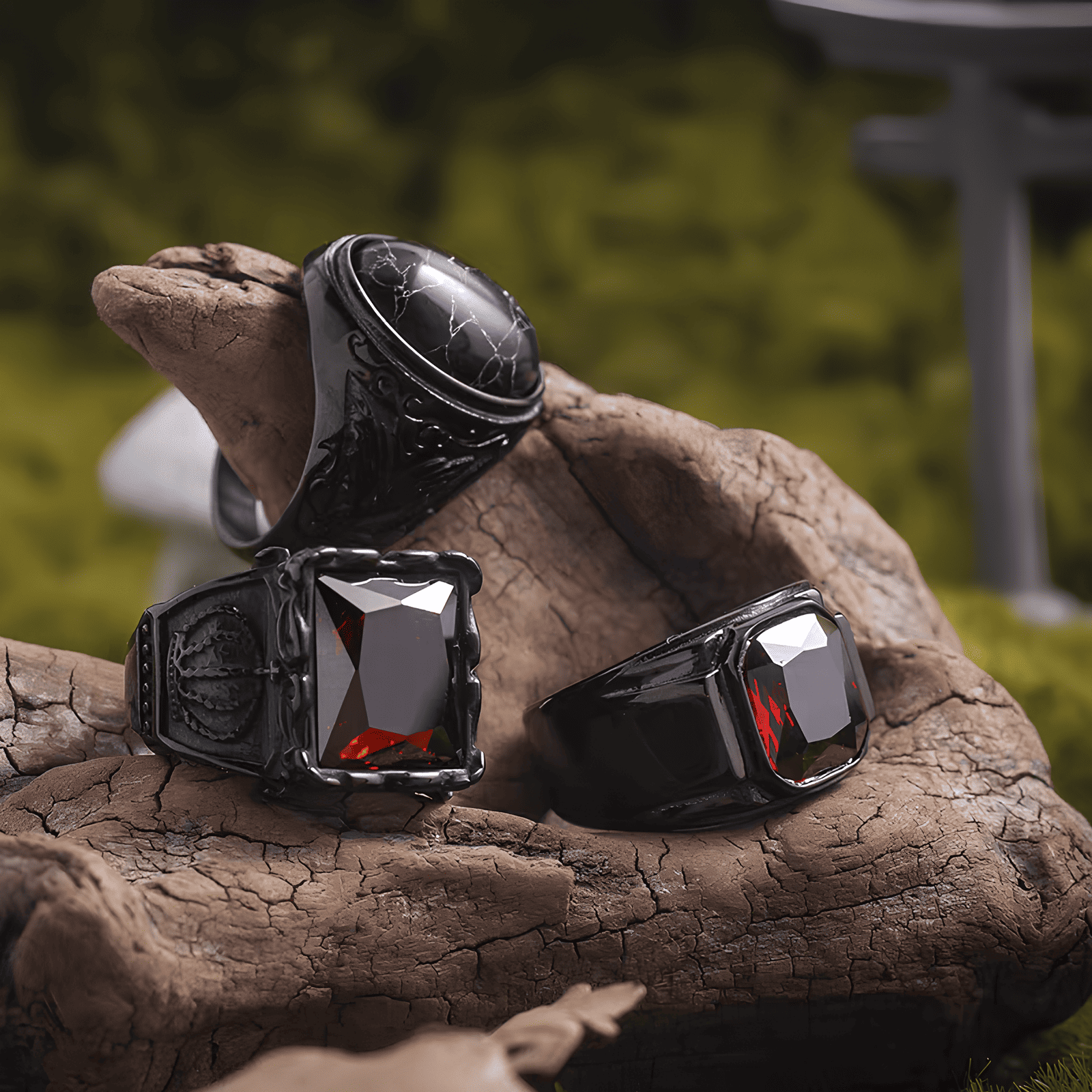 Nocturne Gothic Ring - Red Garnet Black Titanium - Night Works