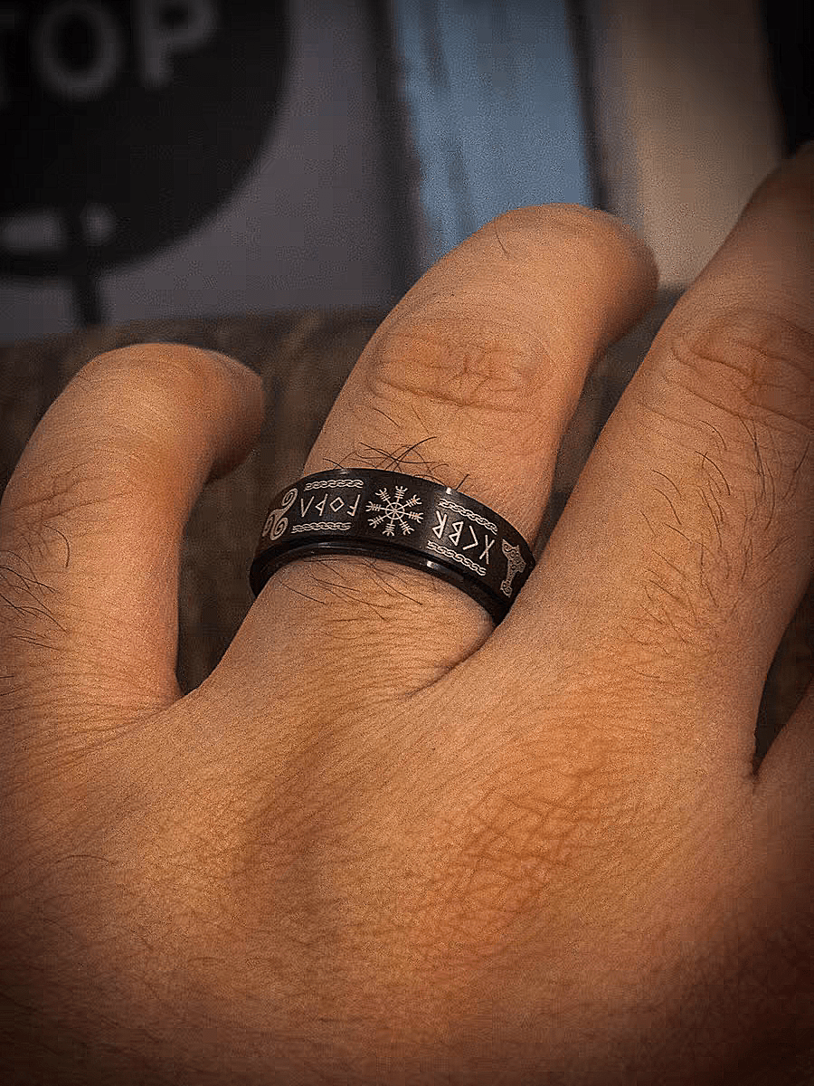 Norse Rune Spinner Ring – Titanium Steel Viking Symbol Fidget Band - Night Works