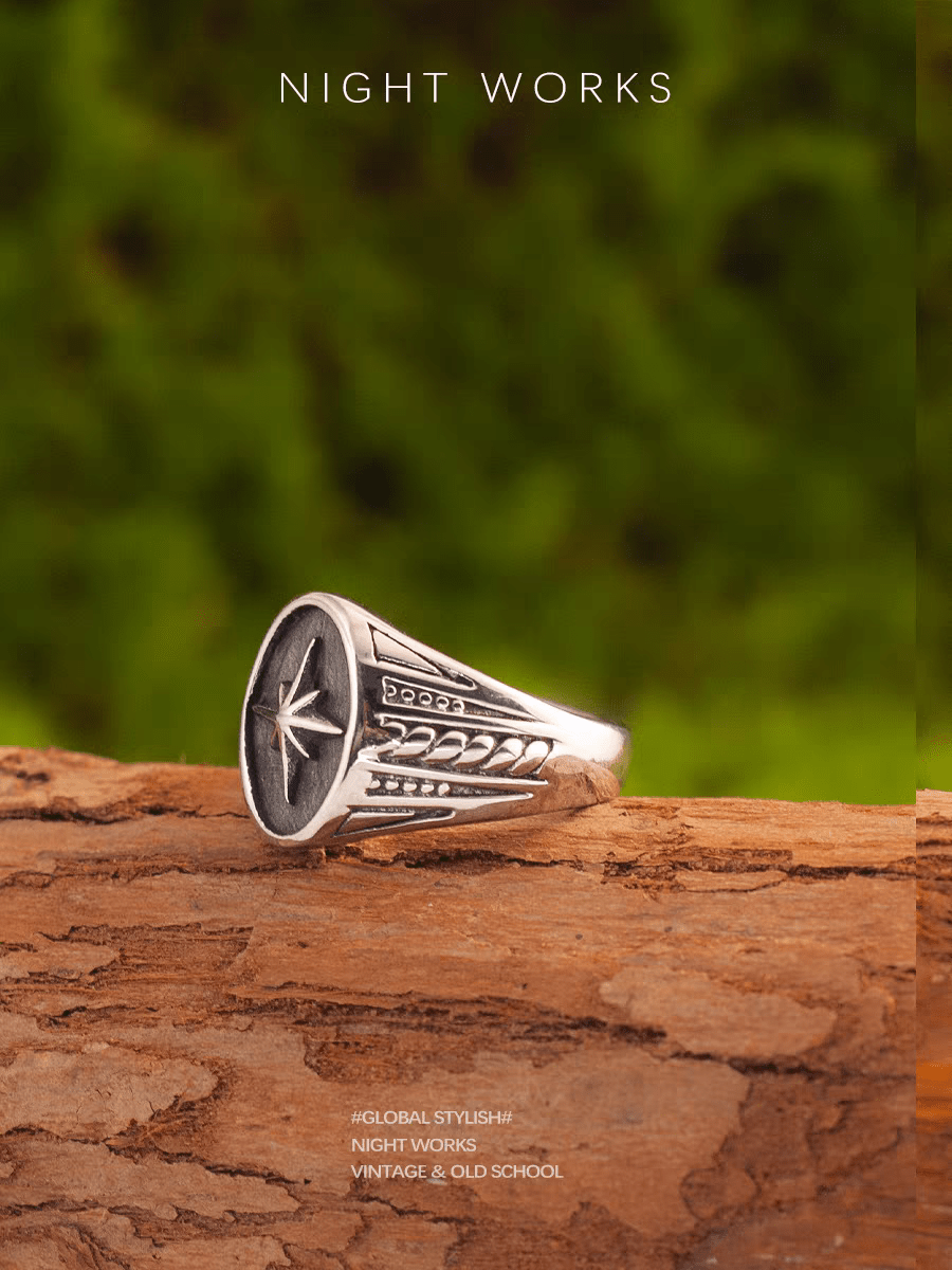 North Star Beichen Signet Ring – Vintage Titanium Steel Ring - Night Works