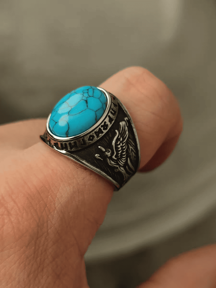 Northern Wind Turquoise Viking Ring – Norse Rune Titanium Steel - Night Works