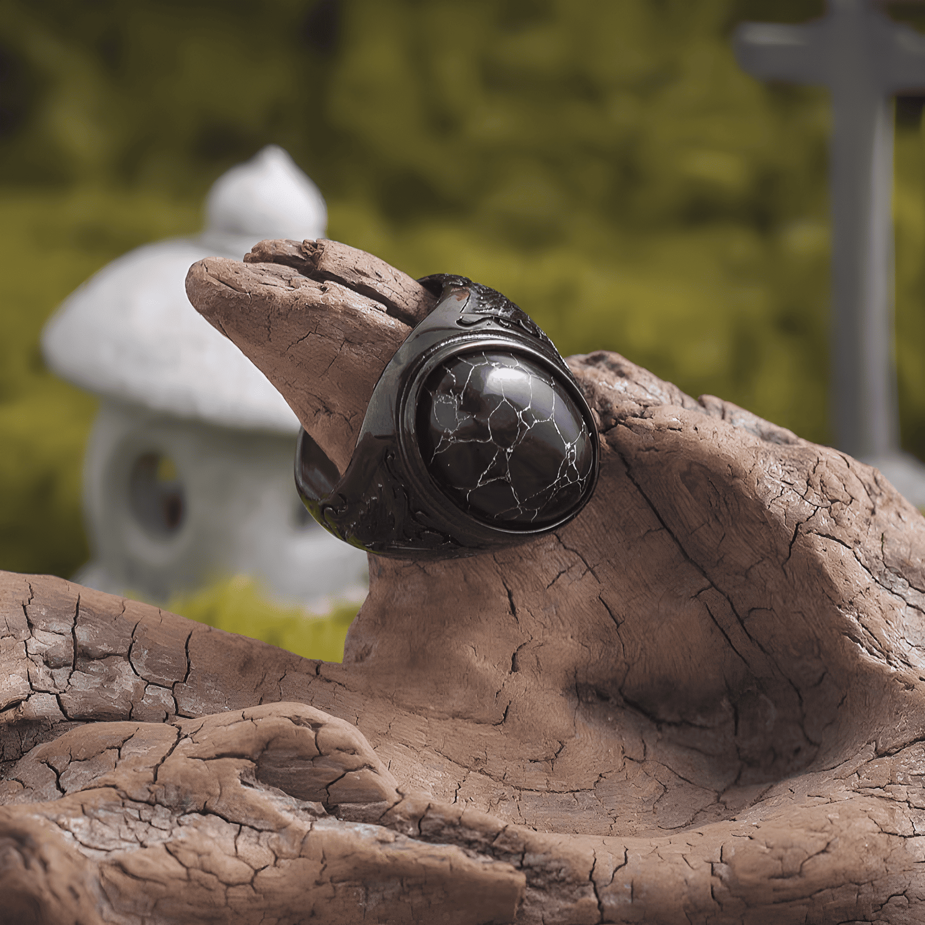 Origin Ring – Vintage Dark Oval Engraved Black Stone - Night Works