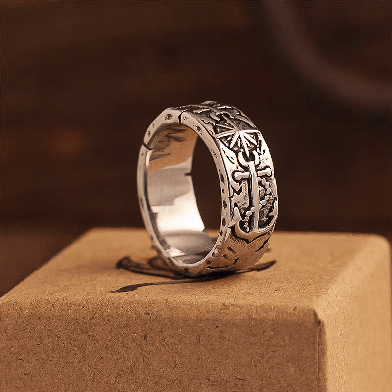 Safe Harbor Anchor & Helm Ring – Vintage Nautical Titanium Steel Band - Night Works
