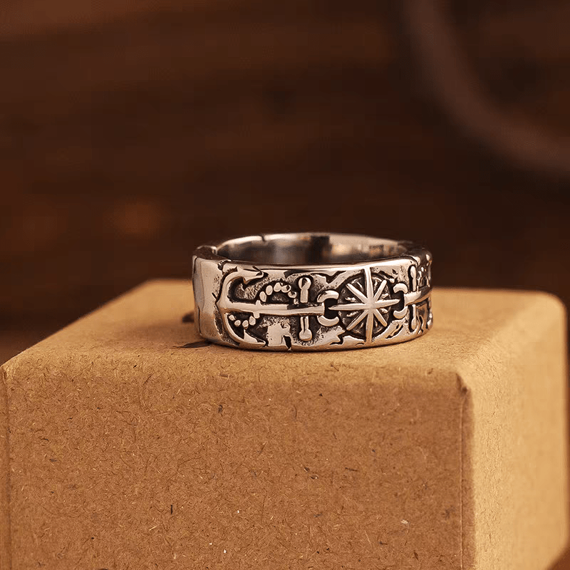 Safe Harbor Anchor & Helm Ring – Vintage Nautical Titanium Steel Band - Night Works