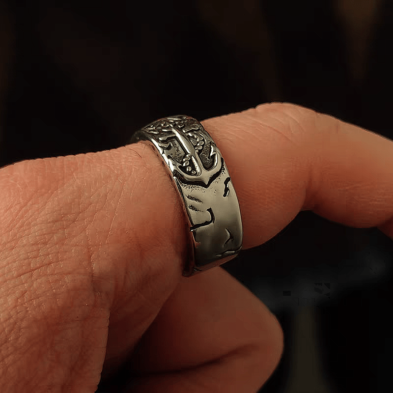 Safe Harbor Anchor & Helm Ring – Vintage Nautical Titanium Steel Band - Night Works