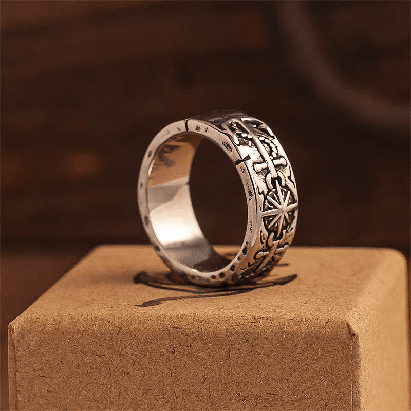 Safe Harbor Anchor & Helm Ring – Vintage Nautical Titanium Steel Band - Night Works