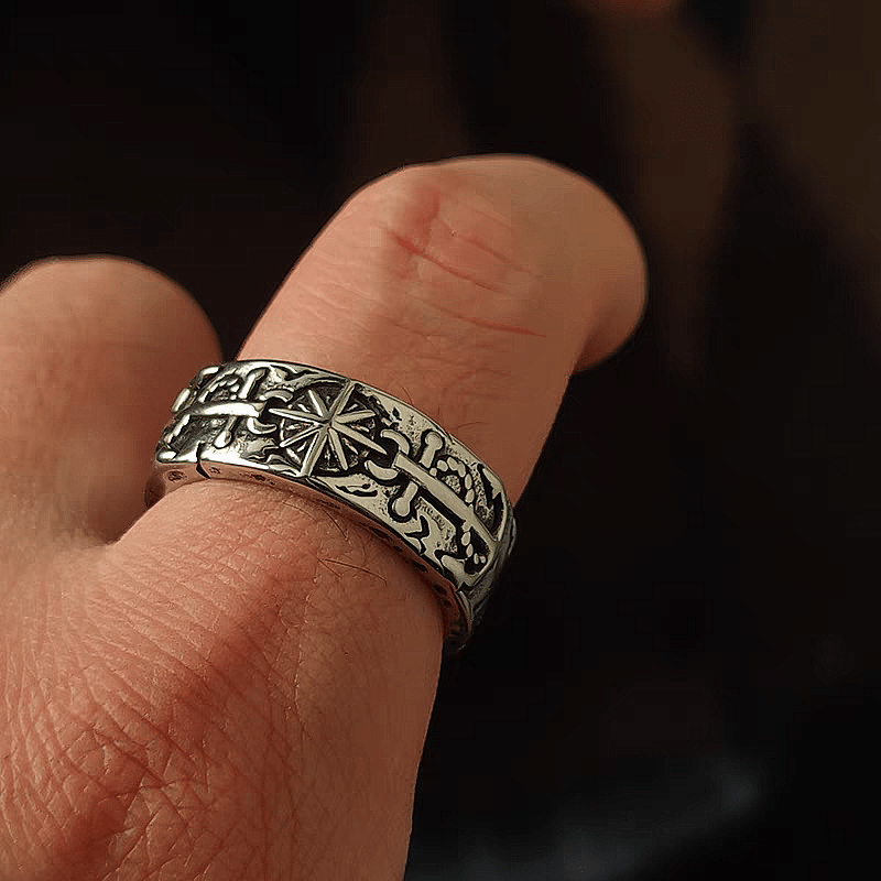 Safe Harbor Anchor & Helm Ring – Vintage Nautical Titanium Steel Band - Night Works