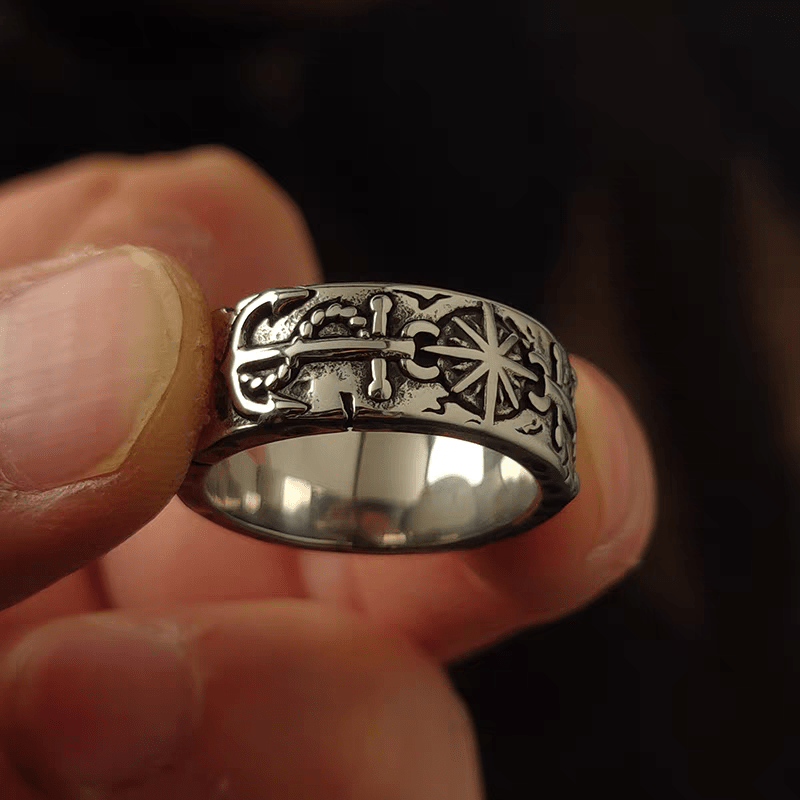 Safe Harbor Anchor & Helm Ring – Vintage Nautical Titanium Steel Band - Night Works