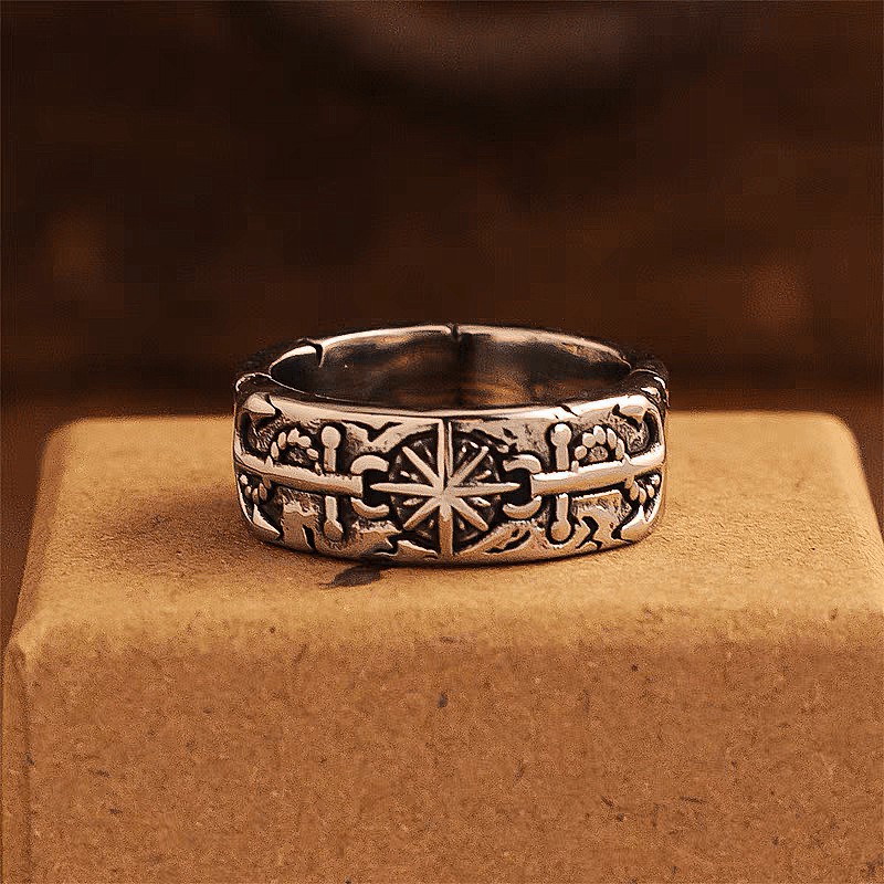 Safe Harbor Anchor & Helm Ring – Vintage Nautical Titanium Steel Band - Night Works