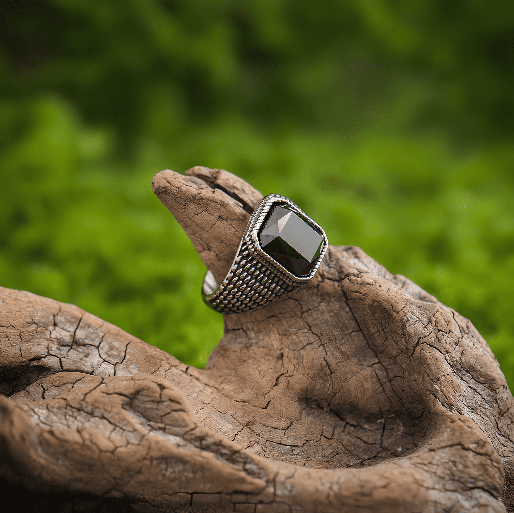 Scarlet & Black Stone Gothic Vintage Titanium Steel Ring - Night Works