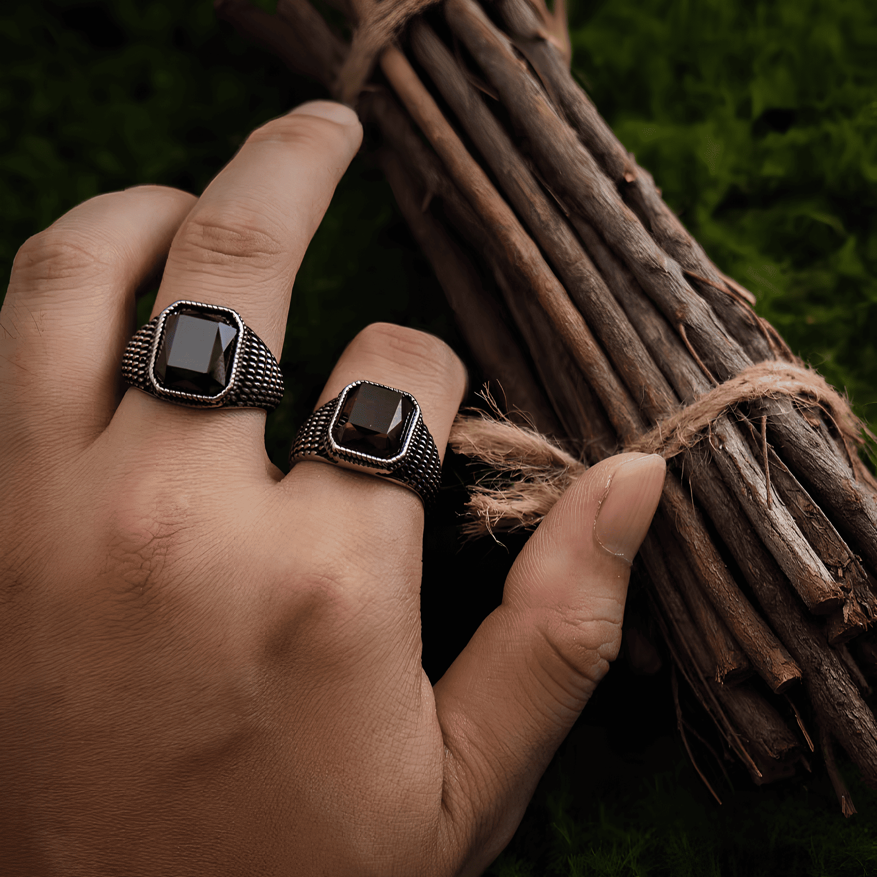 Scarlet & Black Stone Vintage Titanium Steel Ring - Night Works