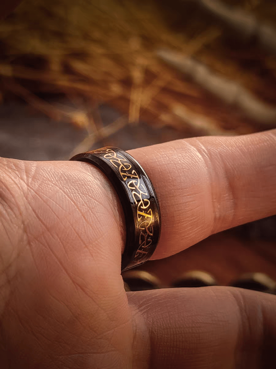 Threefold Balance Celtic Triquetra Ring – Black & Gold Band - Night Works