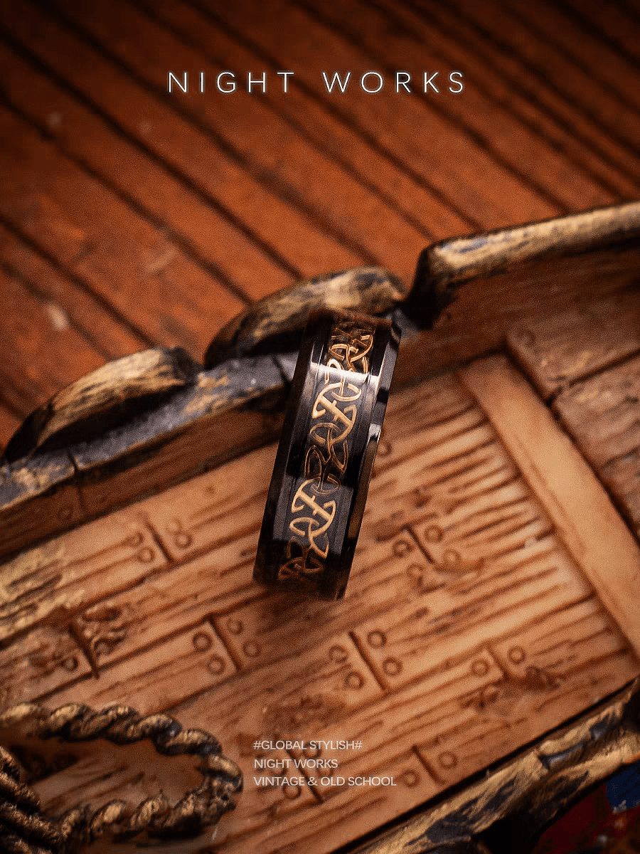 Threefold Balance Celtic Triquetra Ring – Black & Gold Band - Night Works