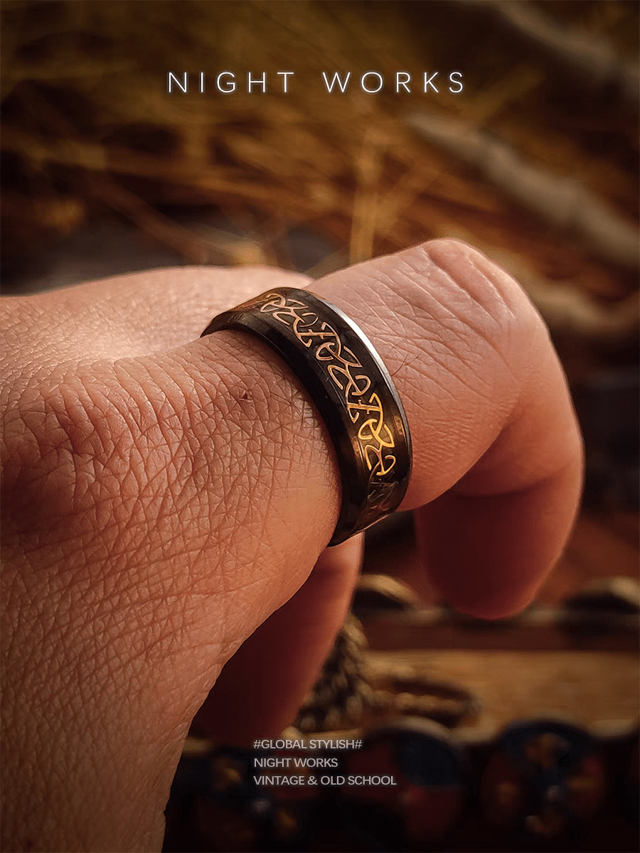 Threefold Balance Celtic Triquetra Ring – Black & Gold Band - Night Works